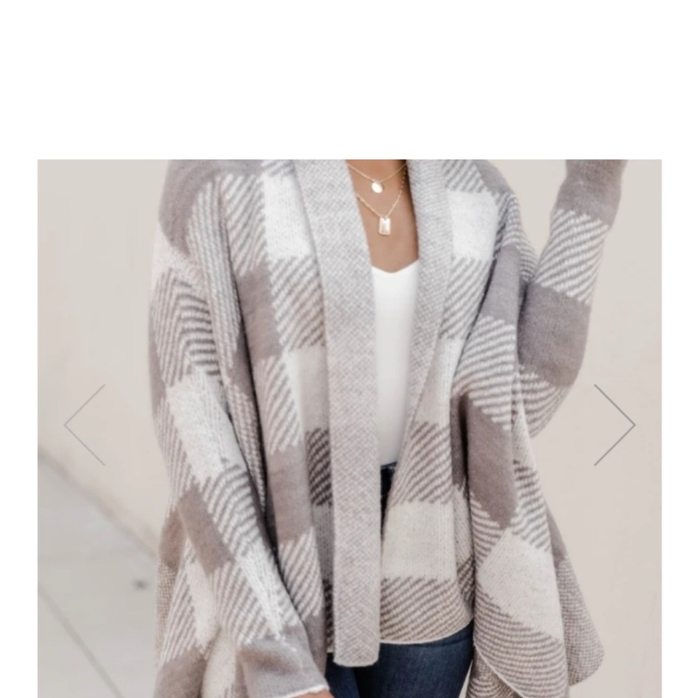 Pink Lily Taupe and Cream Plaid Open Cardigan
